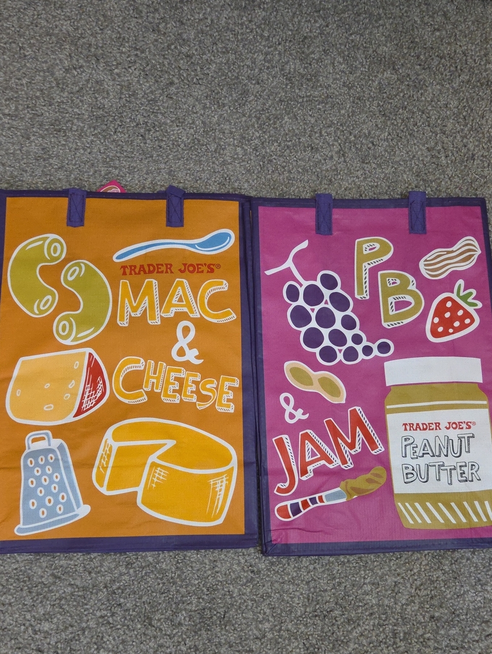 Trader Joe's Reusable Grocery Tote Pair - Mac & Cheese + PB & Jam 2 Bags NWT